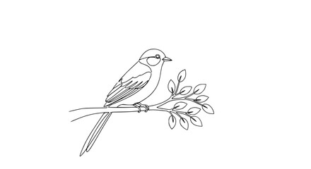 Minimalist line art of a small bird perched on a delicate branch with leaves, white background © Azizi