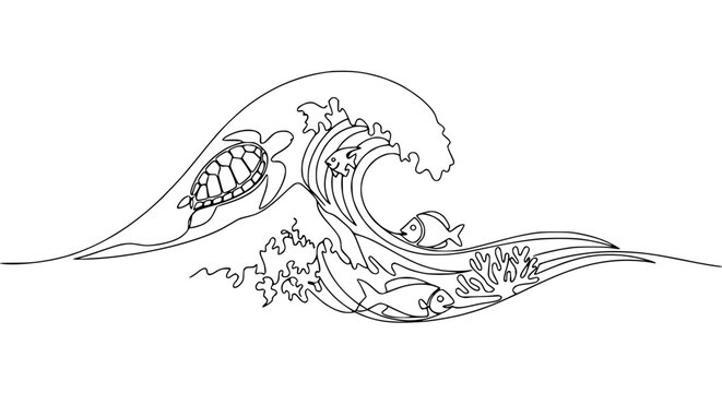 Ocean wave line art with turtle and fish, simple sea life illustration