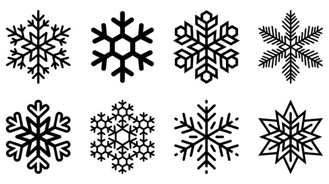 Modern Geometric Snowflake Vector Collection &ndash; Winter Crystal Snowflake Icons Bundle with Minimal Line Art Shapes for Christmas Holiday Decoration Design Elements