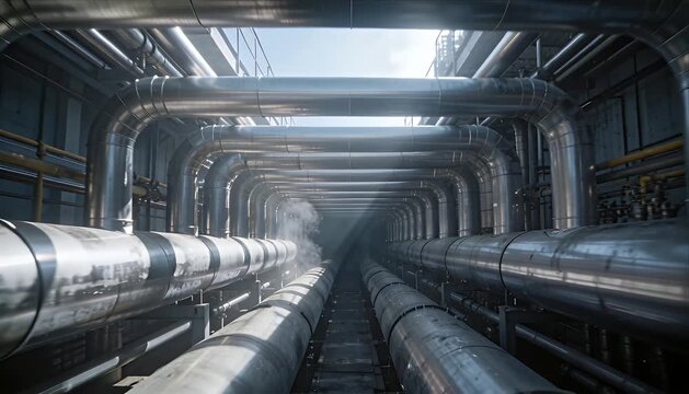Industrial pipeline metal pipe factory interior steam industrial tunnel massive structure engineering energy production heavy industry steel construction atmospheric corridor with rows perspective