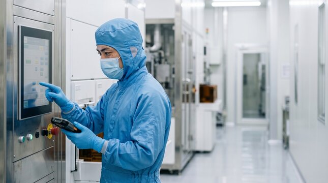 半導体製造のクリーンルームでパネル操作とデータ確認を行う青い防塵服の日本人男性
