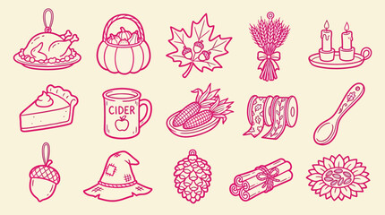 A collection of hand-drawn autumn and harvest icons, including a turkey, pie, cider, and fall decorations. © Clara