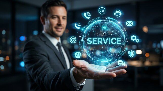 Man presenting a digital sphere with various service icons and the word SERVICE glowing in the center, symbolizing customer care and global connectivity