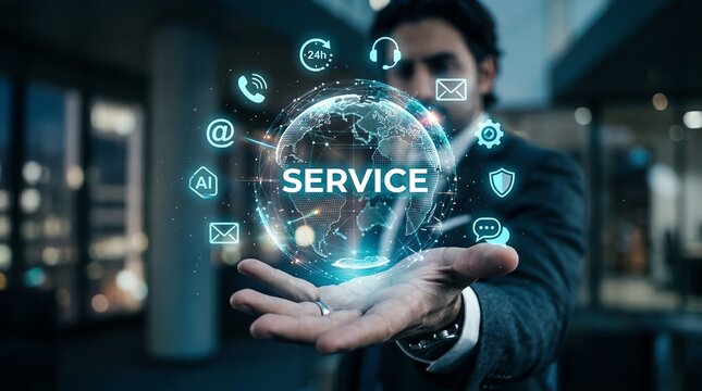 Man holding a hologram of the Earth with icons representing digital services and connectivity
