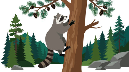 Cute Raccoon Climbing Tree in Forest, Wildlife Illustration © tumpi
