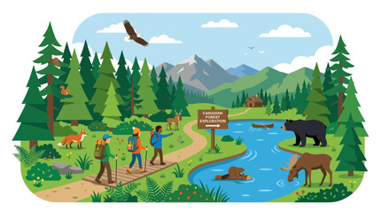 Forest hiking trail with diverse wildlife and mountain backdrop © tumpi