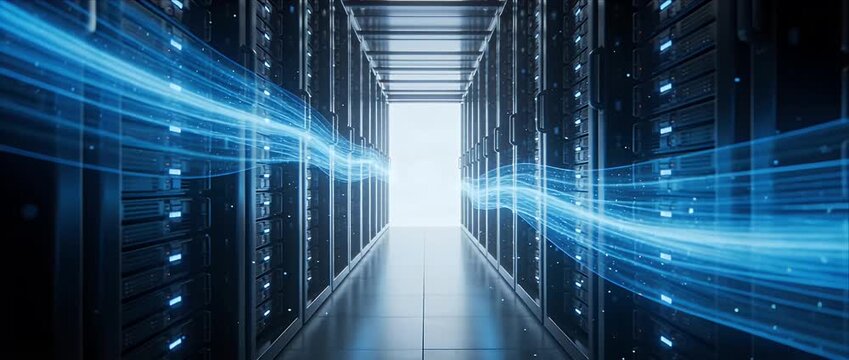 Modern server room data center corridor technology with blue digital data stream light trail, secure network storage infrastructure concept, futuristic information system interior, cybersecurity