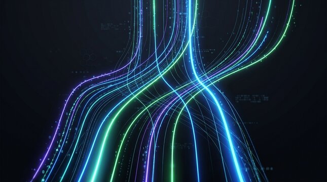 Vibrant multicolored neon light trails intersecting on a dark background with binary code elements