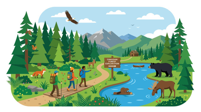 Forest hiking trail with diverse wildlife and mountain backdrop