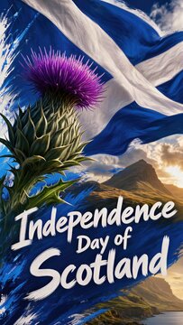 Scottish thistle flower in front of waving Scotland flag. Highland mountain landscape at sunset for Independence Day of Scotland. Symbol of national heritage and patriotism in Britain.
