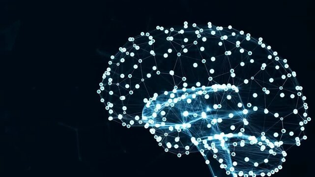 Glowing digital brain neural network animation on black background