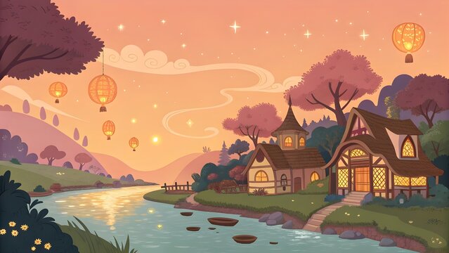 Magical Cartoon Riverside Village at Golden Sunrise with Floating Lanterns