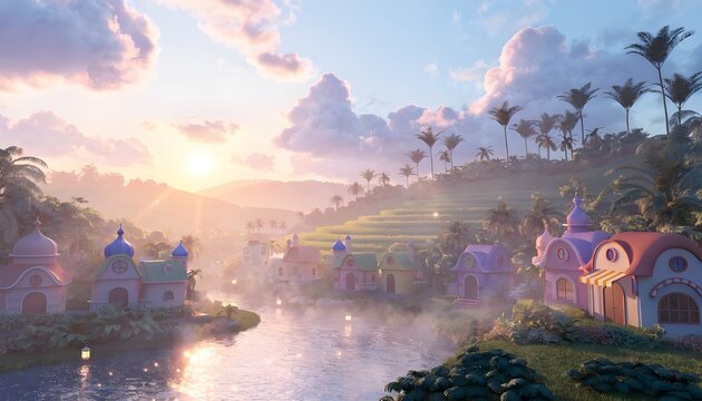 Magical Cartoon Riverside Village at Golden Sunrise with Floating Lanterns