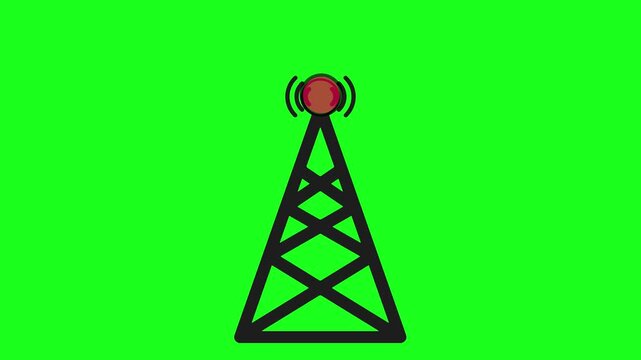 Animated telecommunication tower transmitting red radio waves on green screen. Concept of network signal, broadcasting and 5G connectivity.