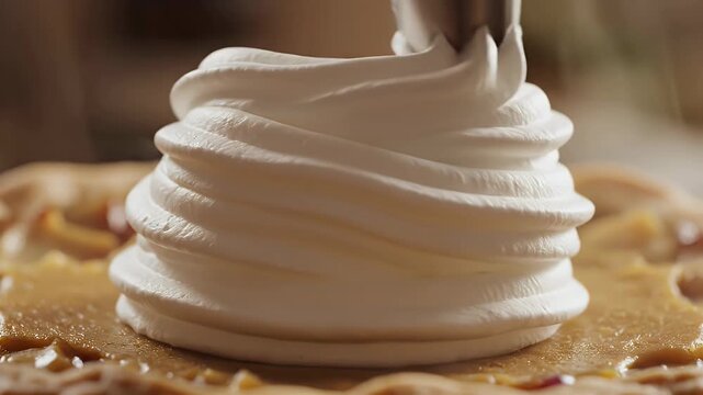 Whipped cream being piped onto a warm pie