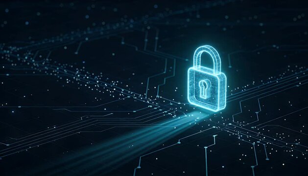Cyber security lock data protection digital padlock network security information safety encryption firewall internet privacy secure access futuristic technology glowing cyber security data protection