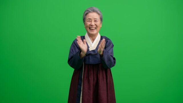 Senior Smiling Elderly South Korean Woman Wearing Traditional Hanbok Dress Clapping Hands Joyfully for Celebration Cultural Event and Commercial Video Production Assets Chroma Key Green Screen Backgro