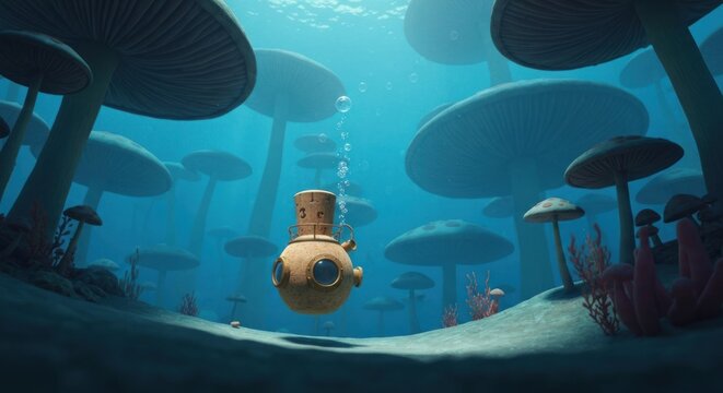 A tiny submarine explores a whimsical underwater forest of giant mushrooms