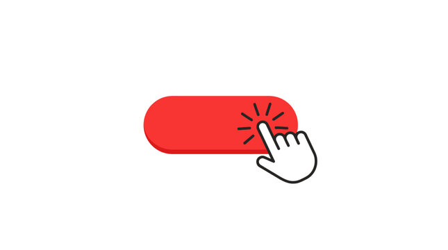 Interactive Red Button with hand cursor clicking a blank rounded button on white background ideal for website call-to-action designs and perfect for digital marketing presentations.