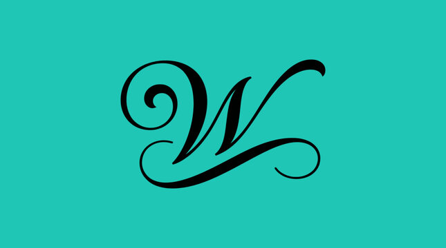 Elegant Calligraphic Letter W with Black Script Typography on Solid Turquoise Background ideal for branding, monogram design, and personalized stationery.