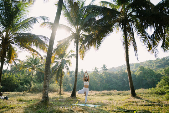 Woman Holding Tree Pose in Palm Tree Field.