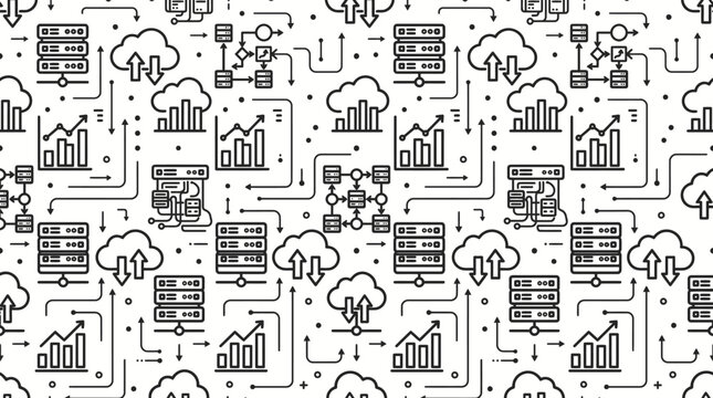 Abstract seamless pattern of business analytics icons and charts in monochrome.