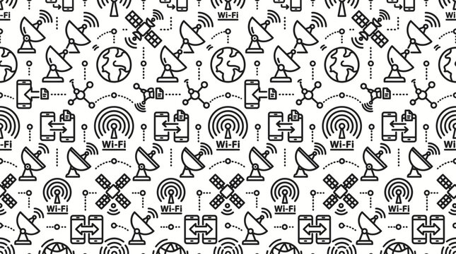 Abstract seamless tech and science themed pattern with icons and symbols.