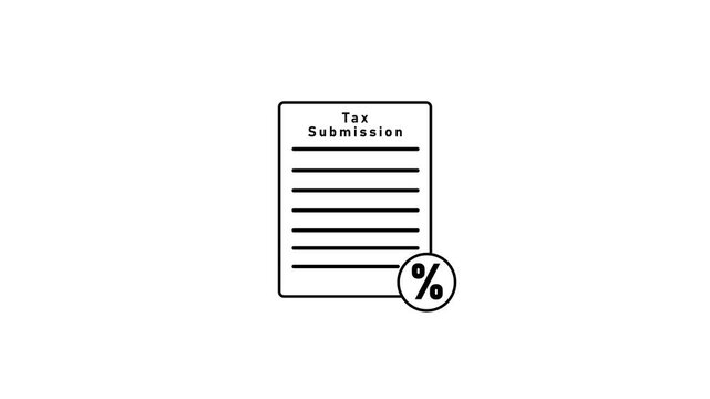 A minimalist black and white line of a tax submission document with horizontal lines and a percentage symbol within a circle on a white background representing the process of filing taxes