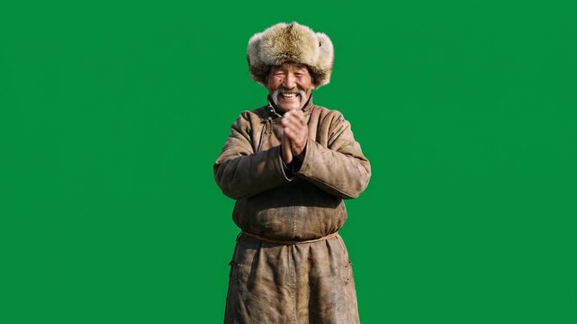 Elderly Mongolian Man in Traditional Deel and Fur Hat Clapping and Greeting for Cultural Content and Heritage Concepts On Green Screen Chroma Key Background