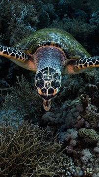 Head a hawksbill turtle above a coral reef in the Red Sea, Egypt