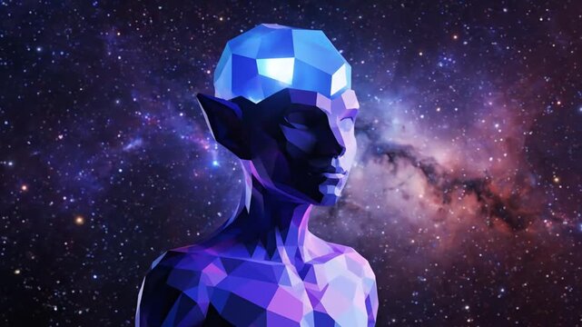 Geometric alien figure with glowing head in space