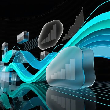 Abstract digital data visualization with glowing blue statistical charts and floating graphical elements visualization analytics statistics business technology abstract information