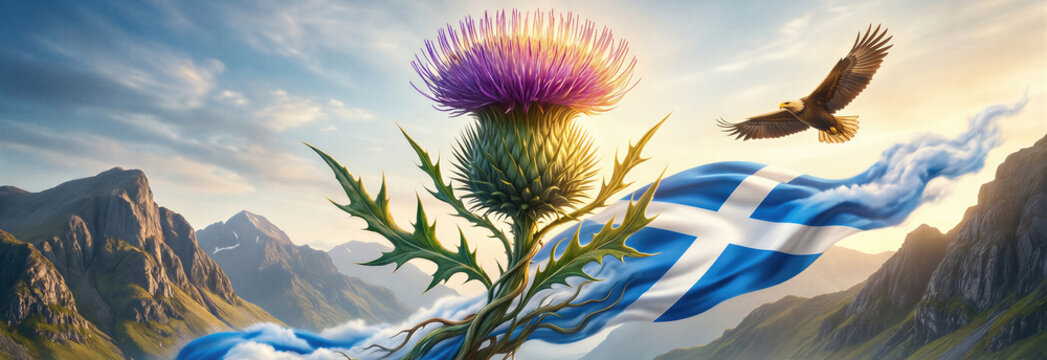 Thistle flower and national flag of Scotland against mountainous landscape. Symbolic eagle flying in sky for Independence Day. Banner with copy space