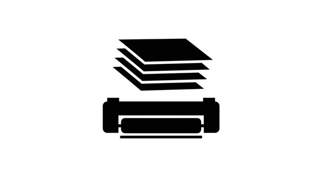 Black printer with stacked paper.