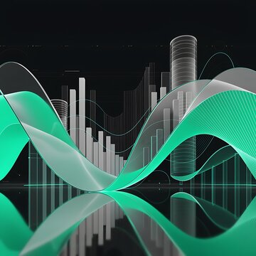 Advanced digital data visualization with green glowing wave graphs and statistical bar columns analytics statistics business visualization technology information performance analysis