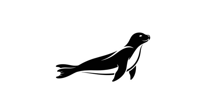 Black silhouette of a seal swimming.