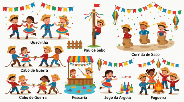 Children enjoying traditional Brazilian Festa Junina outdoor games and activities