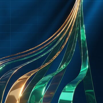 Dynamic abstract 3D ribbon shapes with green and gold metallic texture on dark blue background abstract metallic background composition decorative wallpaper geometric reflective