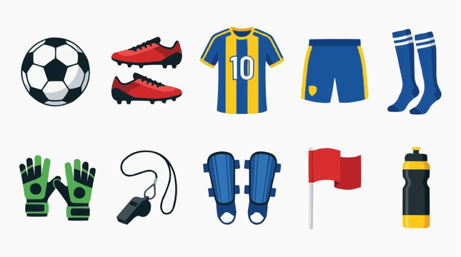 Soccer equipment collection including ball cleats jersey shorts socks gloves whistle shin guards flag and water bottle