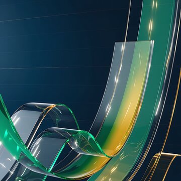 Abstract flowing ribbons of green and gold glass curves on a dark background with abstract background geometric translucent minimalist artistic structure wallpaper movement creative