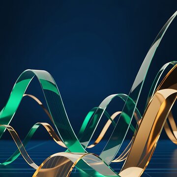 Dynamic 3D rendered green and golden ribbons waving across dark surface with abstract background artistic movement reflective translucent composition graphics structure wallpaper
