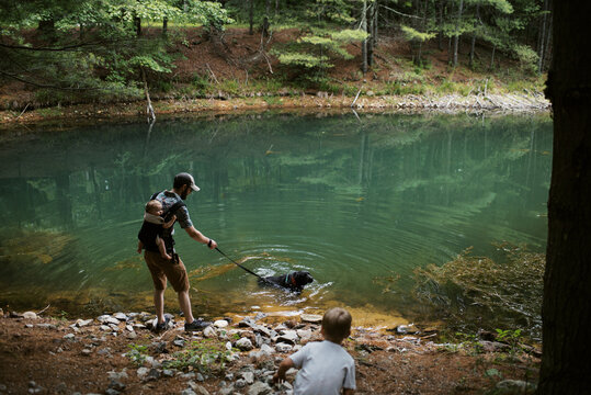 family with dog taking a hiking break by a pond in the woods