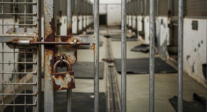 Rusty padlock secures metal prison gate with barred cells in deserted detention