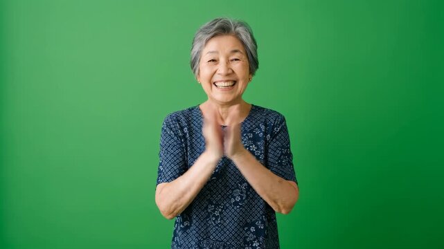 Happy Cheerful Elderly Asian Woman Clapping Hands and Smiling From Japan For Healthcare Advertising Concept