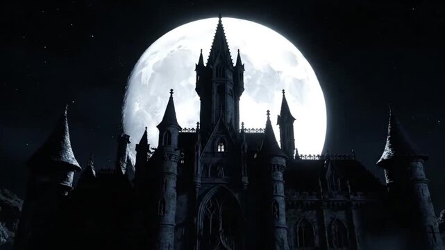 A dark gothic castle stands against a bright full moon, creating a mysterious atmosphere inspired by fantasy and legends.
