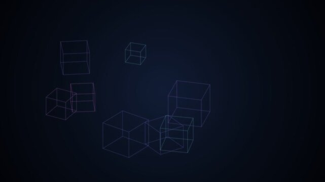 Abstract 3D wireframe cubes rotating on dark background