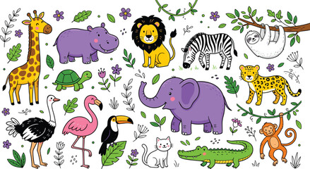 Obraz premium Cute Jungle and Safari Animals Vector Character Collection with Lion Elephant Giraffe Hippo and Tropical Leaves for Kids Nursery and Educational Designs