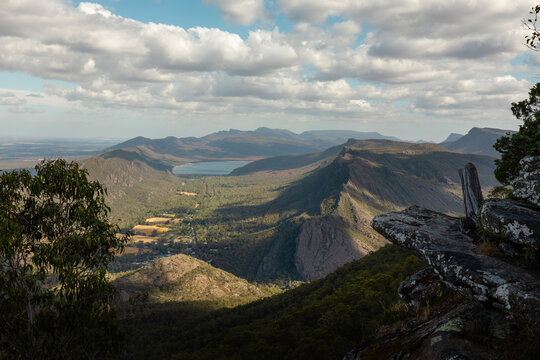 Mountain range and lake from scenic overlook