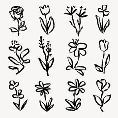 Fototapeta premium Vector of hand-drawn black floral sketches on a white background.