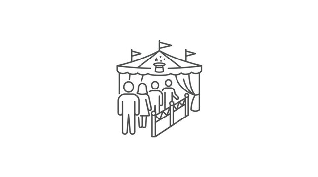 Line art illustration of people queuing at an event booth.